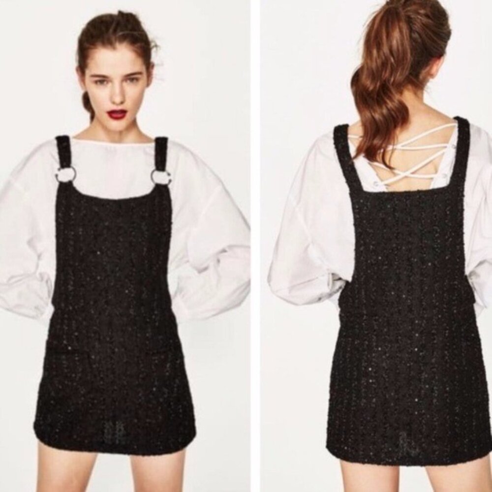 Zara Trafaluc Black Silver Sequin Tinsel Pinafore Mini Dress Women's Size S